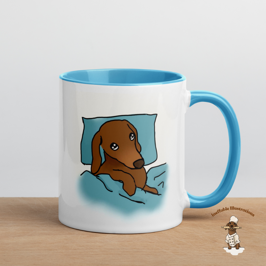 Mug "Sleepy Oliver". Dachshund Mug with Color Inside - Hand-Illustrated Cute Dog Design by Teen Artist, Unique Gift for Dog Lovers & Pet Owners