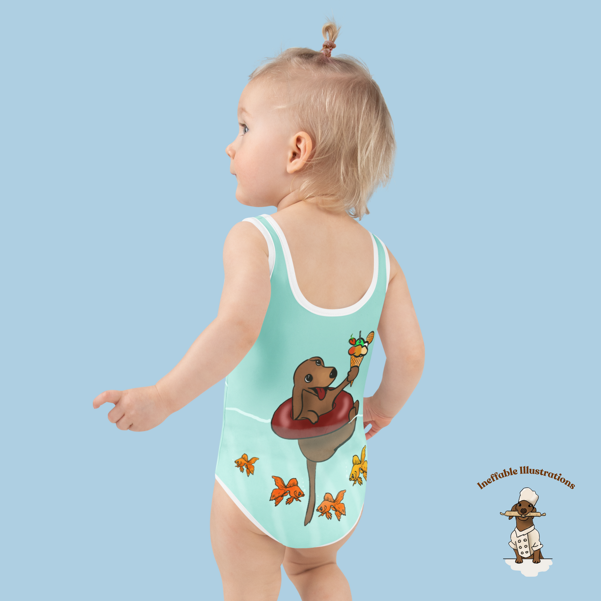 Kids Swimsuit Cute Dachshund Oliver Floating in Sea with Ice Cream & Small Fishes Underwater Beachwear - Ineffable Illustrations
