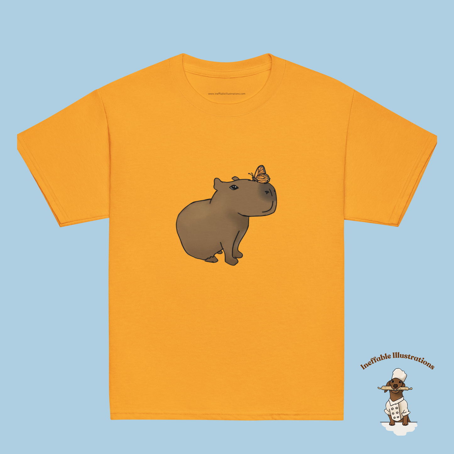 Youth Classic Tee with Hand Drawn Cute Capybara Jolly with Butterfly Shirt Kids Animal Graphic Top - Ineffable Illustrations