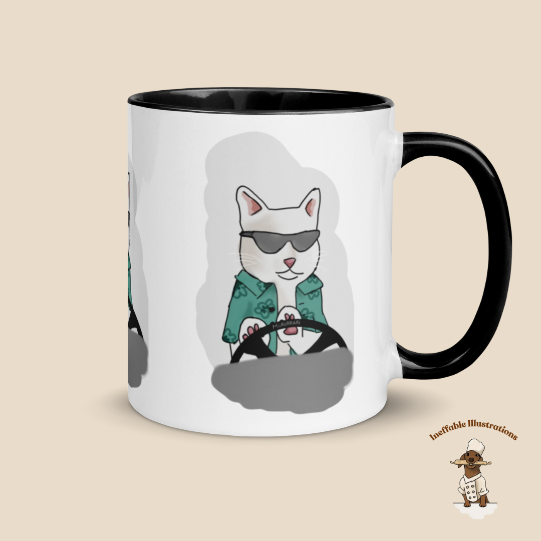 Mug "Ralph driving his luxury car Miaurrari". Cat Driving Car Mug | Funny Illustrated Coffee Cup with Color Inside | Hand-Drawn Design for Cat Lovers | Unique Gift Idea