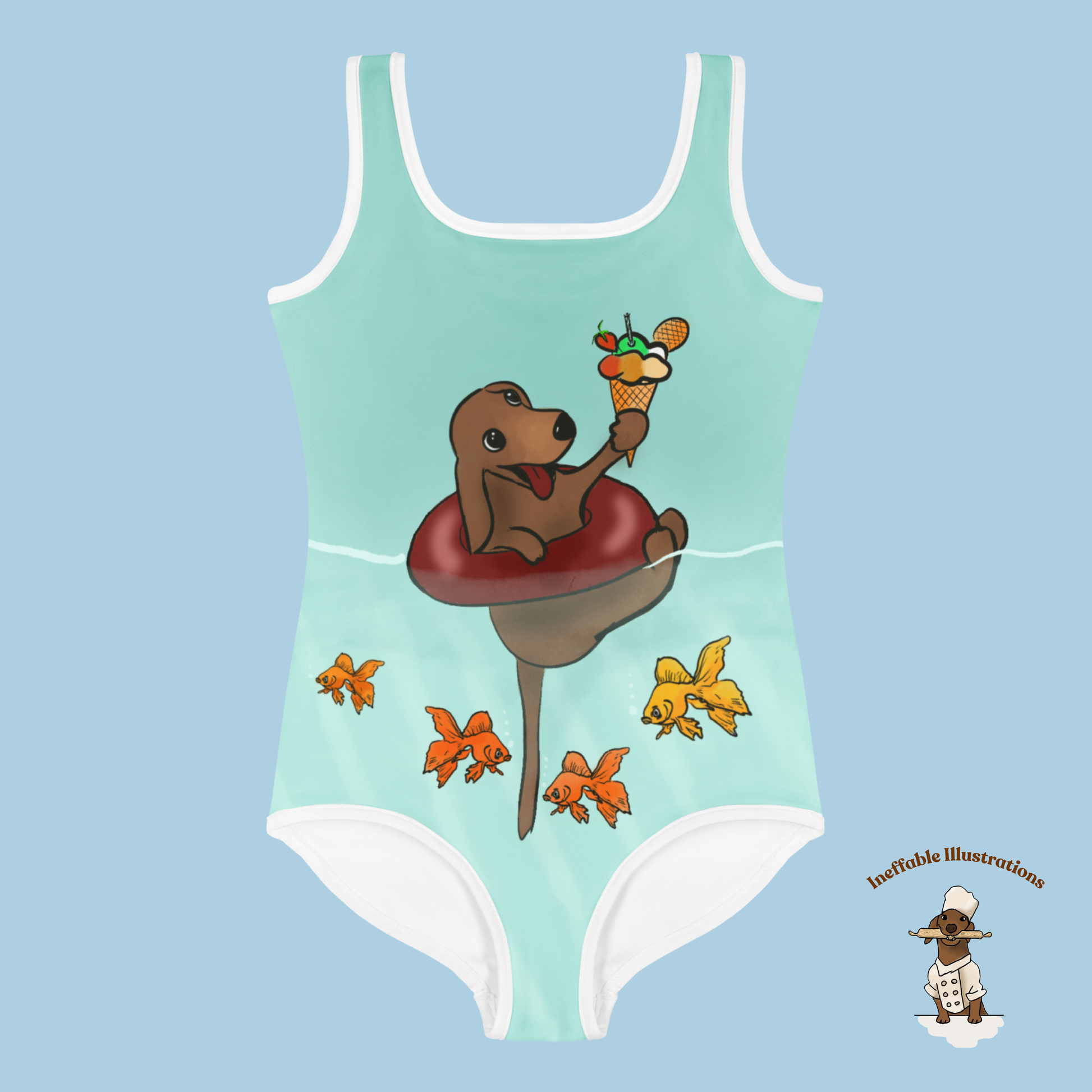 Kids Swimsuit Cute Dachshund Oliver Floating in Sea with Ice Cream & Small Fishes Underwater Beachwear - Ineffable Illustrations