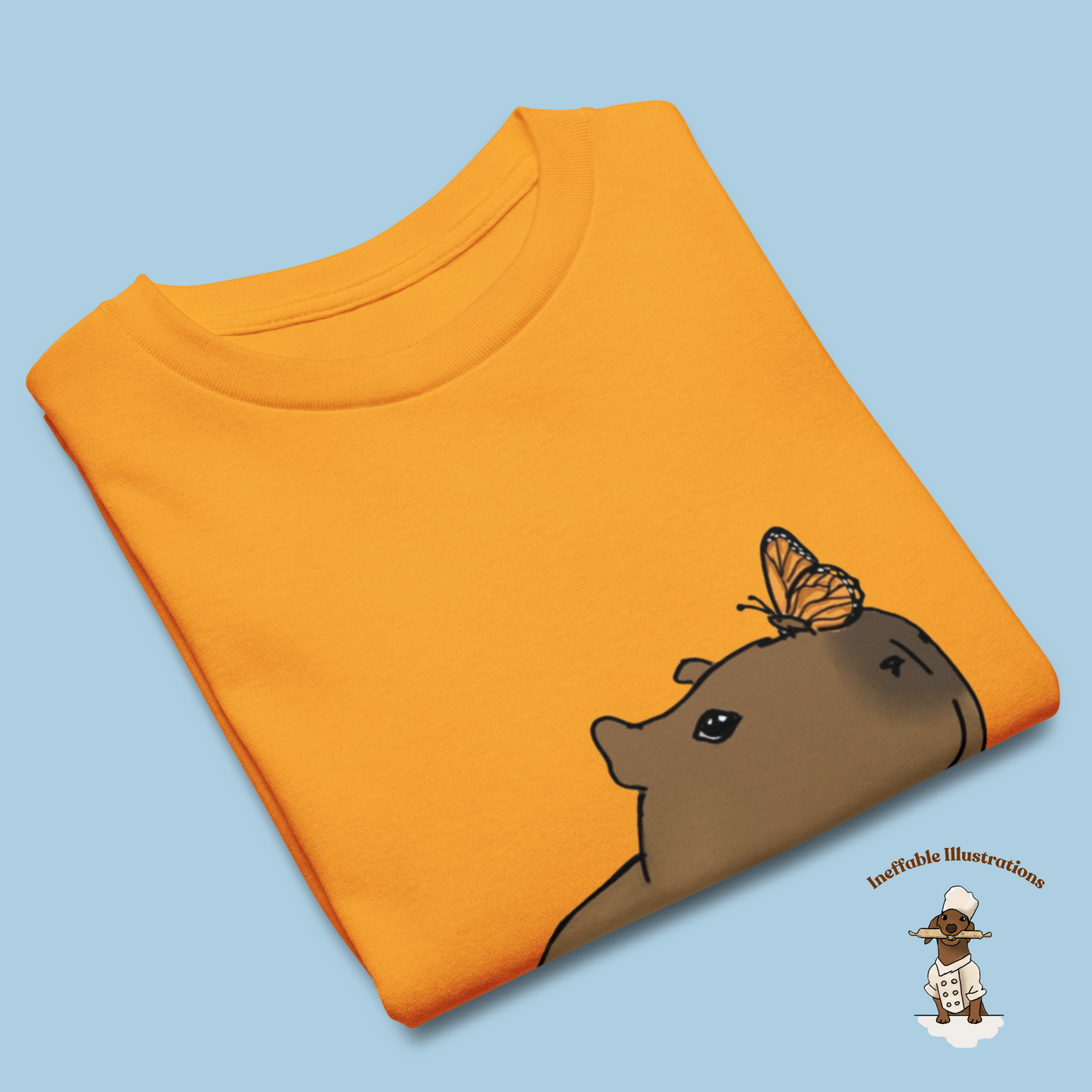 Youth Classic Tee with Hand Drawn Cute Capybara Jolly with Butterfly Shirt Kids Animal Graphic Top - Ineffable Illustrations