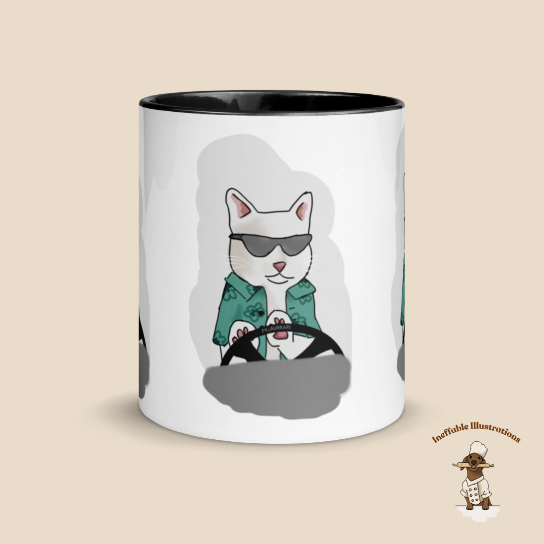 Mug "Ralph driving his luxury car Miaurrari". Cat Driving Car Mug | Funny Illustrated Coffee Cup with Color Inside | Hand-Drawn Design for Cat Lovers | Unique Gift Idea