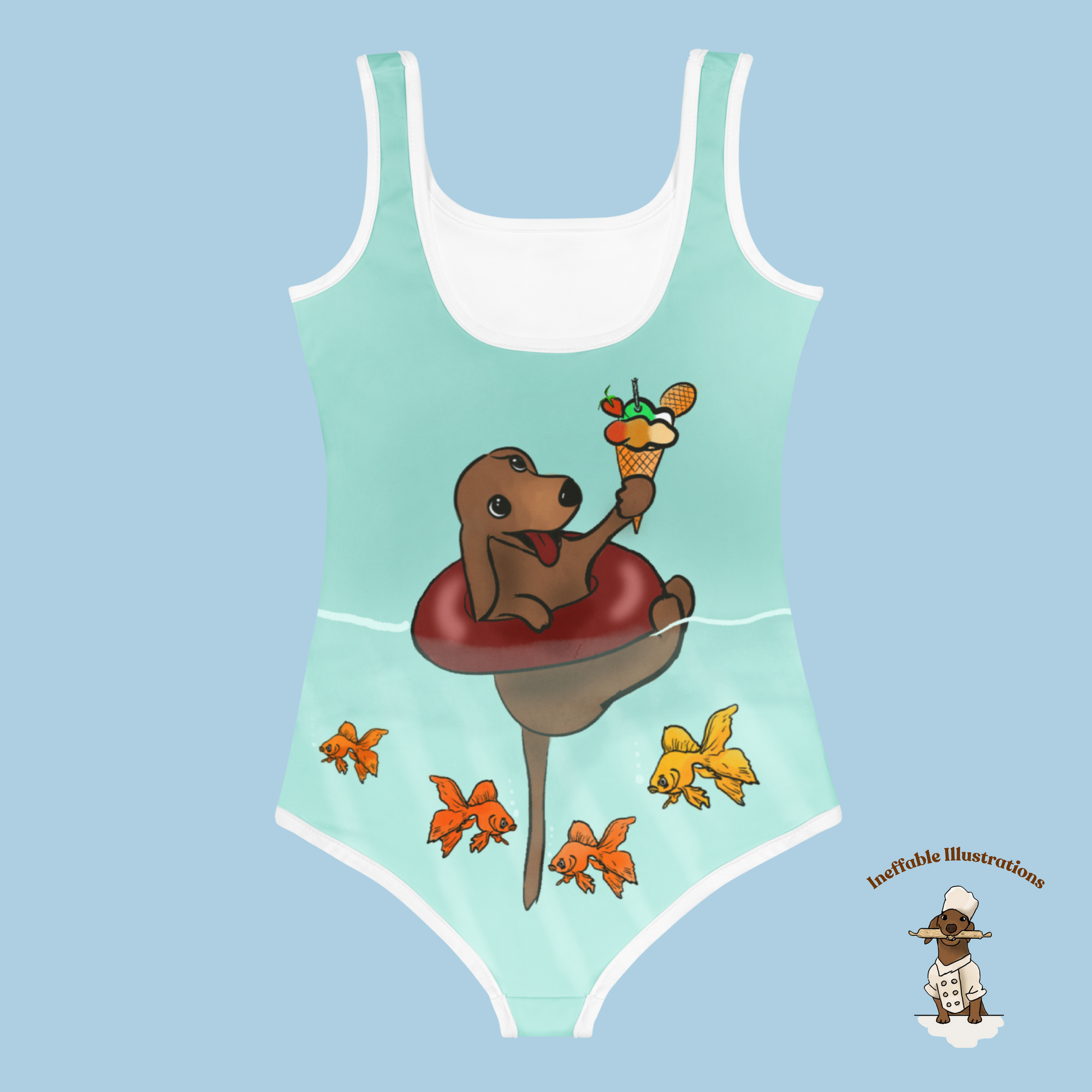 Kids Swimsuit Cute Dachshund Oliver Floating in Sea with Ice Cream & Small Fishes Underwater Beachwear - Ineffable Illustrations