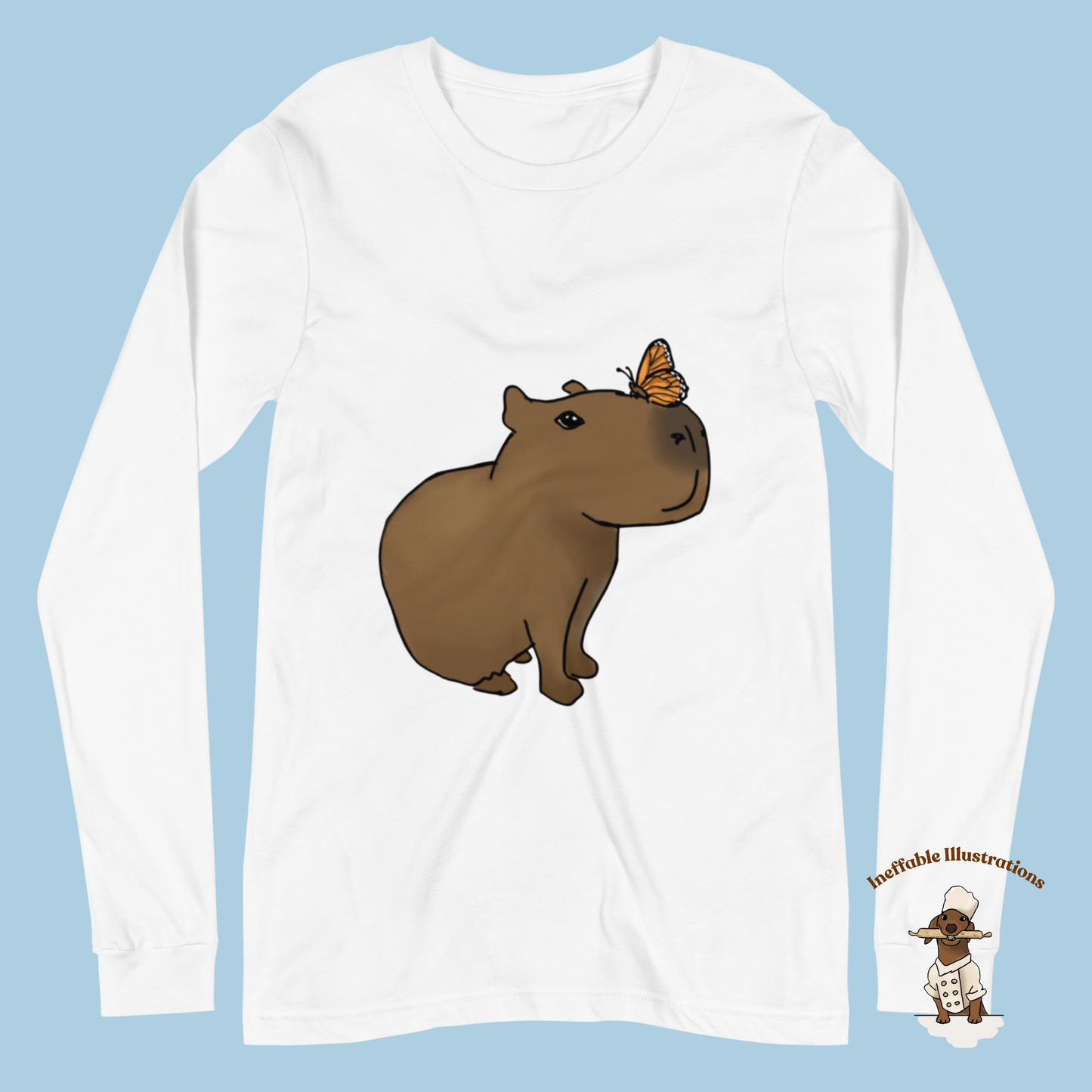 Shirt. Unisex Long Sleeve Shirt with cute Capybara Jolly with butterfly illustration, drawn by hand. Capybara shirt