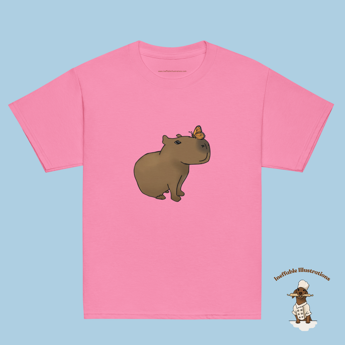 Youth Classic Tee with Hand Drawn Cute Capybara Jolly with Butterfly Shirt Kids Animal Graphic Top - Ineffable Illustrations