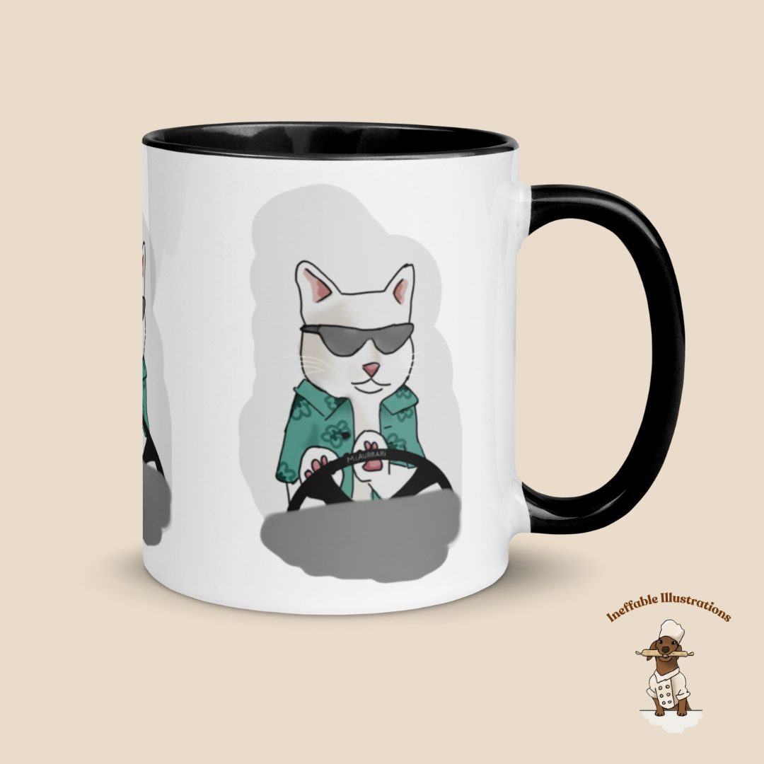 Mug "Ralph driving his luxury car Miaurrari". Cat Driving Car Mug | Funny Illustrated Coffee Cup with Color Inside | Hand-Drawn Design for Cat Lovers | Unique Gift Idea