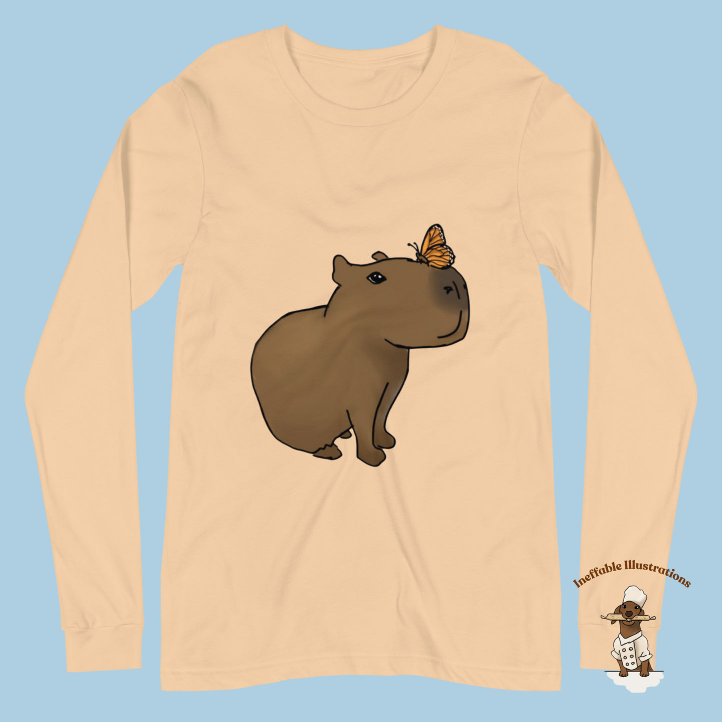 Shirt. Unisex Long Sleeve Shirt with cute Capybara Jolly with butterfly illustration, drawn by hand. Capybara shirt