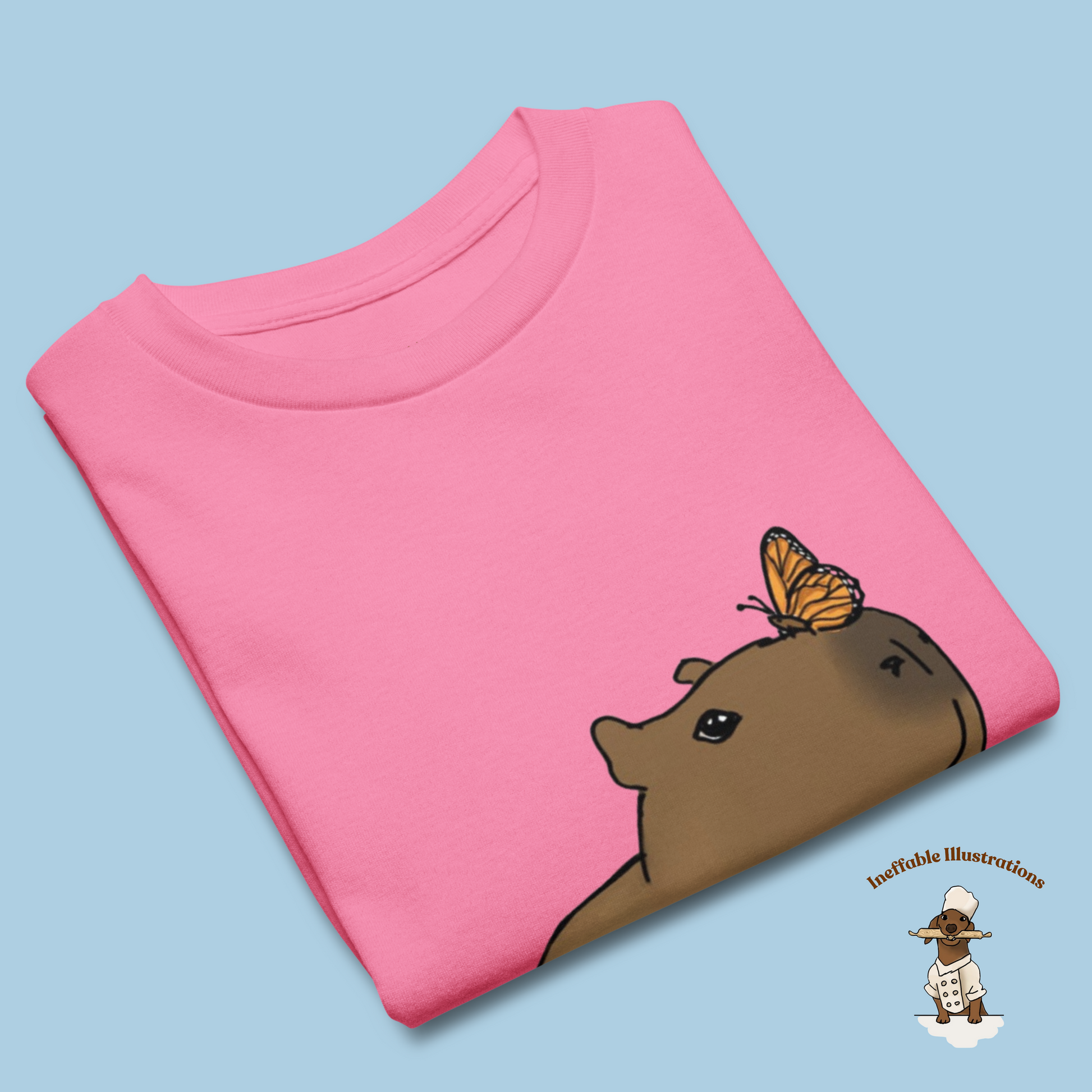 Youth Classic Tee with Hand Drawn Cute Capybara Jolly with Butterfly Shirt Kids Animal Graphic Top - Ineffable Illustrations