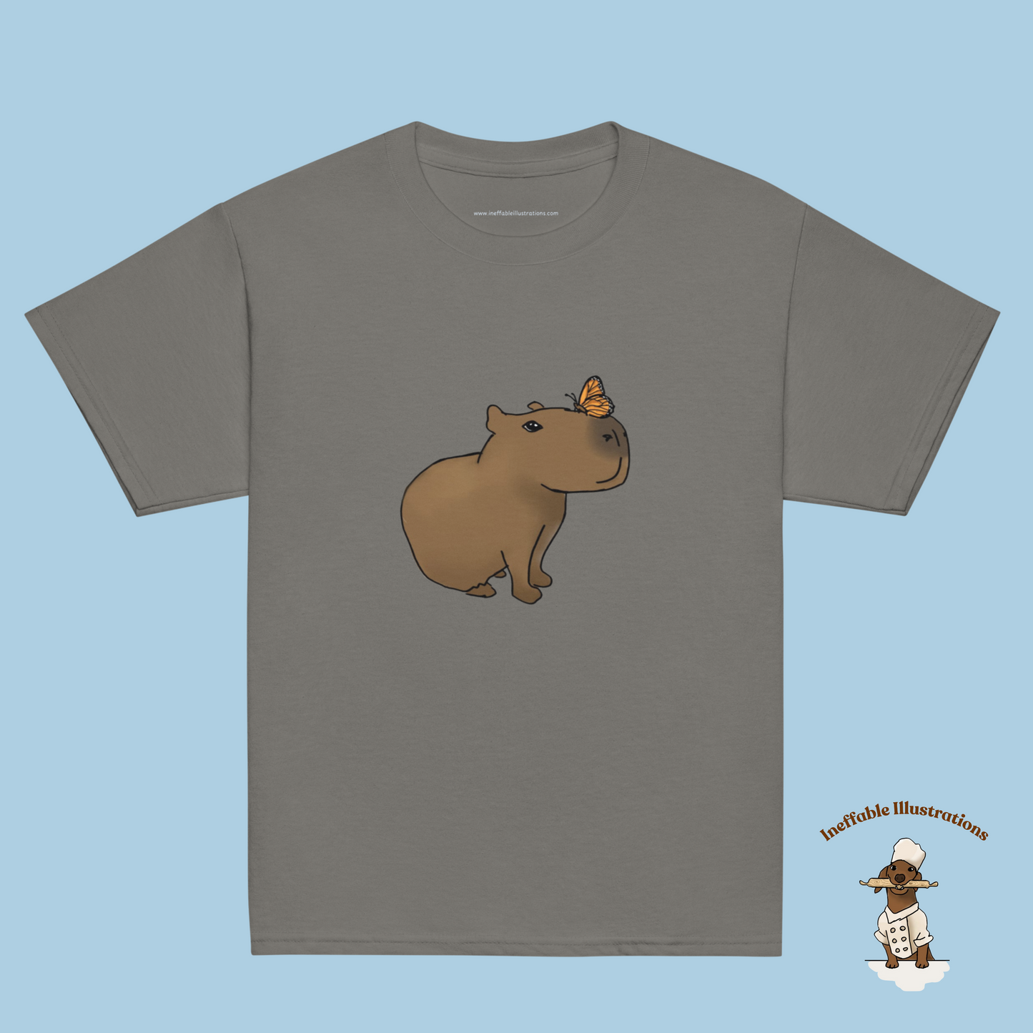 Youth Classic Tee with Hand Drawn Cute Capybara Jolly with Butterfly Shirt Kids Animal Graphic Top - Ineffable Illustrations