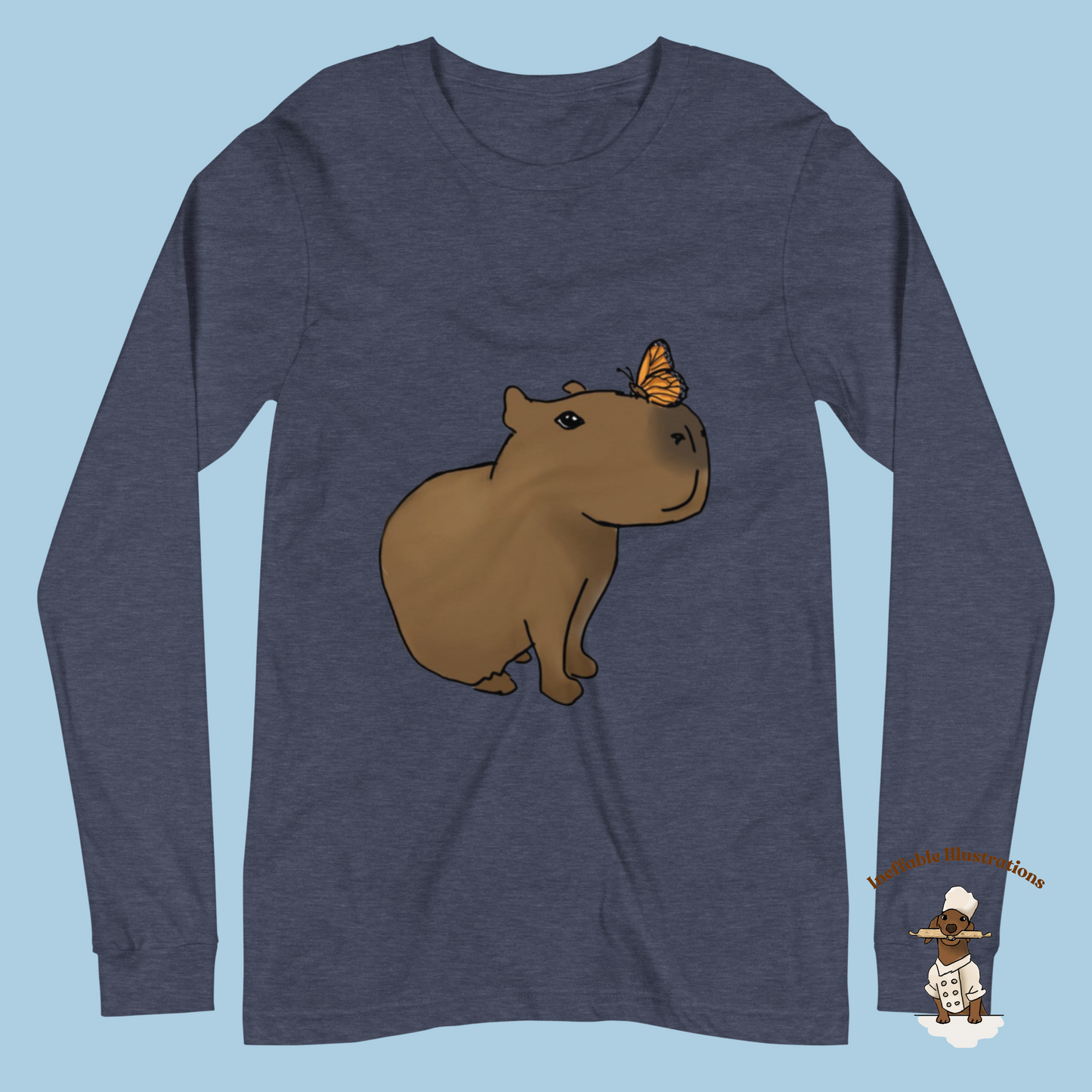 Shirt. Unisex Long Sleeve Shirt with cute Capybara Jolly with butterfly illustration, drawn by hand. Capybara shirt