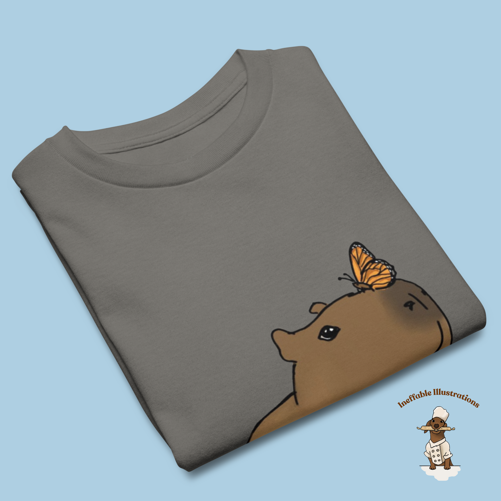 Youth Classic Tee with Hand Drawn Cute Capybara Jolly with Butterfly Shirt Kids Animal Graphic Top - Ineffable Illustrations