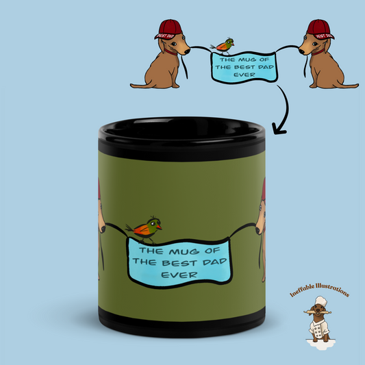 Black Glossy Dad Mug with Cute Hand Drawn Dachshunds Holding Sign - Best Dad Ever Coffee Cup Gift for Fathers Day - Ineffable Illustrations