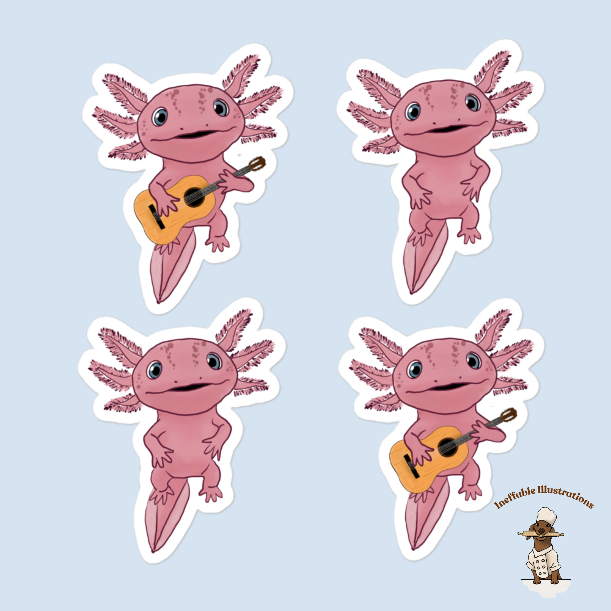 Axolotl Alex Stickers Bubble Free Cute Aquatic Animal Decals 4 Pack with 2 Playing Guitars for Laptop Planner Scrapbook - Ineffable Illustrations