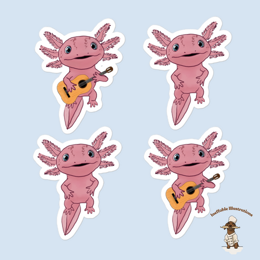 Axolotl Alex Stickers Bubble Free Cute Aquatic Animal Decals 4 Pack with 2 Playing Guitars for Laptop Planner Scrapbook - Ineffable Illustrations