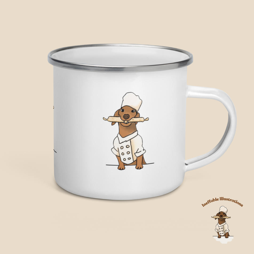 Mug. Enamel Mug "Oliver cooking". Cute Sausage Dog Chef Mug for Cooking & Coffee Lovers, Unique Gift for Dog Owners