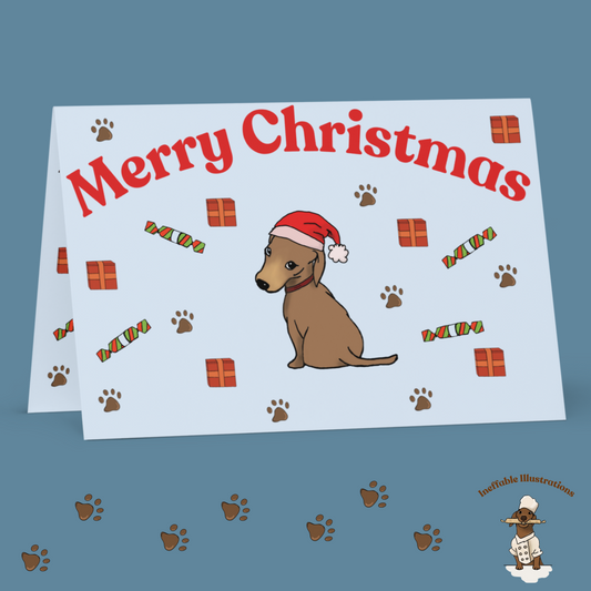 Christmas Dachshund Greeting Card with Dachshund Oliver & Gifts, Cute Holiday Card for Pet Lovers, Funny Dog Card for Xmas