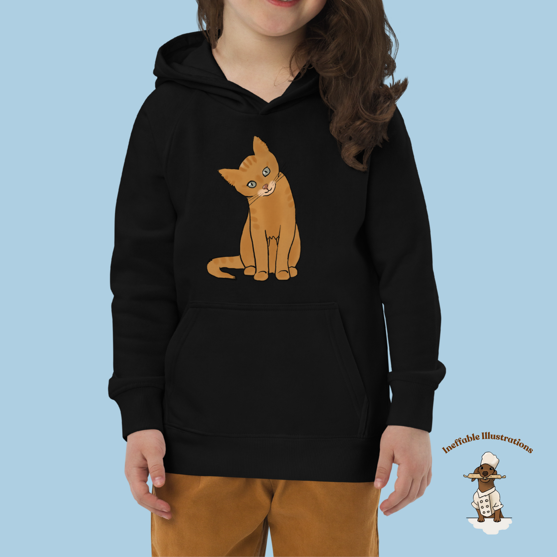Kids Eco Hoodie with Cute Ginger Cat Design, Sustainable & Cozy, Perfect for Cat Lovers, Eco-Friendly Apparel - Ineffable Illustrations