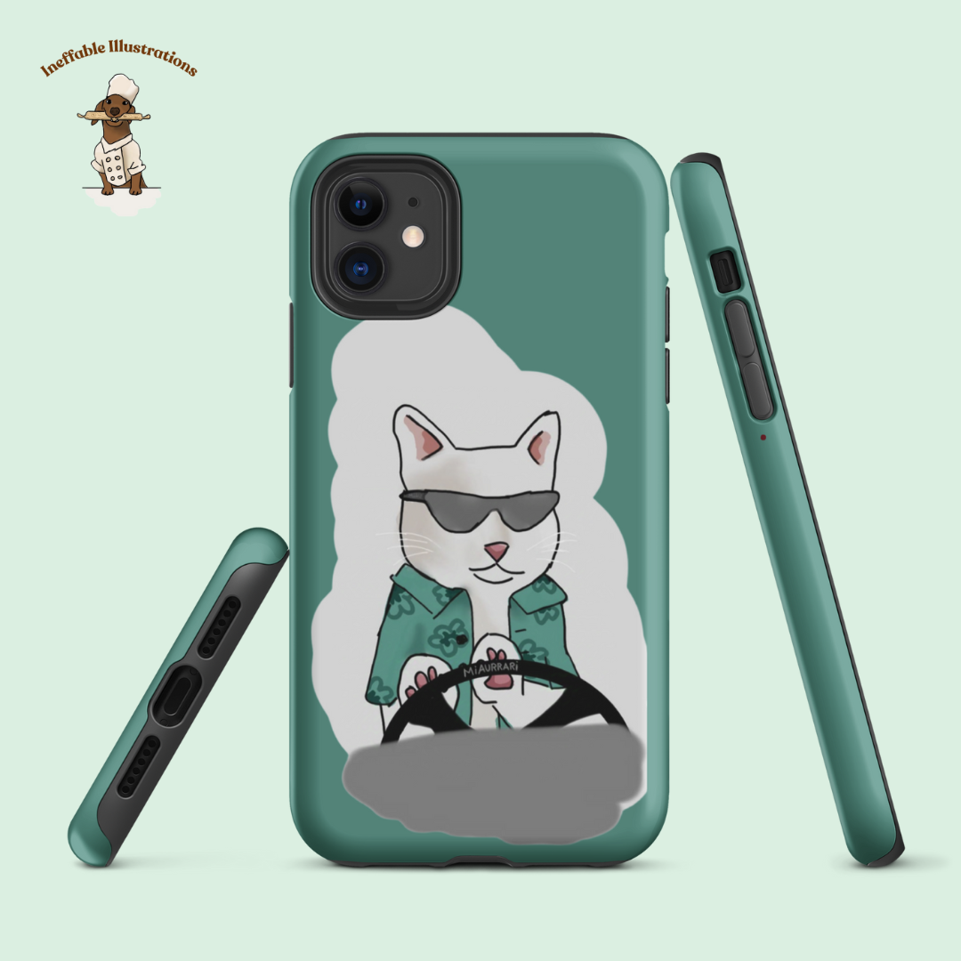 IPhone case. Durable Dual-Layer iPhone Case Featuring Ralph the Cat in a Luxurious Car - Fun & Functional!