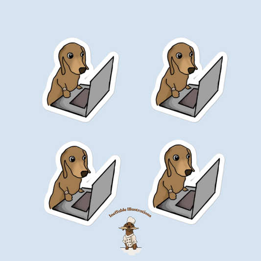 Stikers. 4 sticker set of bubble-free stickers of dachshund Oliver on computer