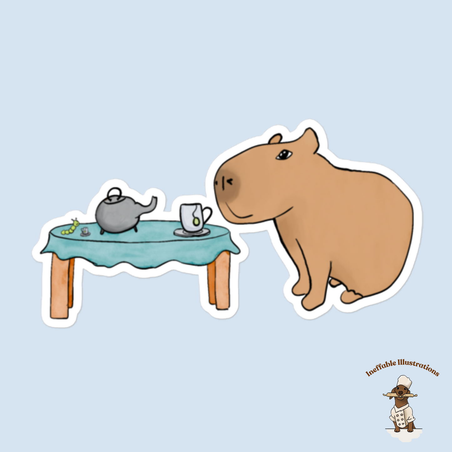 Bubble Free Sticker: Capybara  Drinking Tea with Caterpillar, Cute Animal Decals for Laptops & Journals