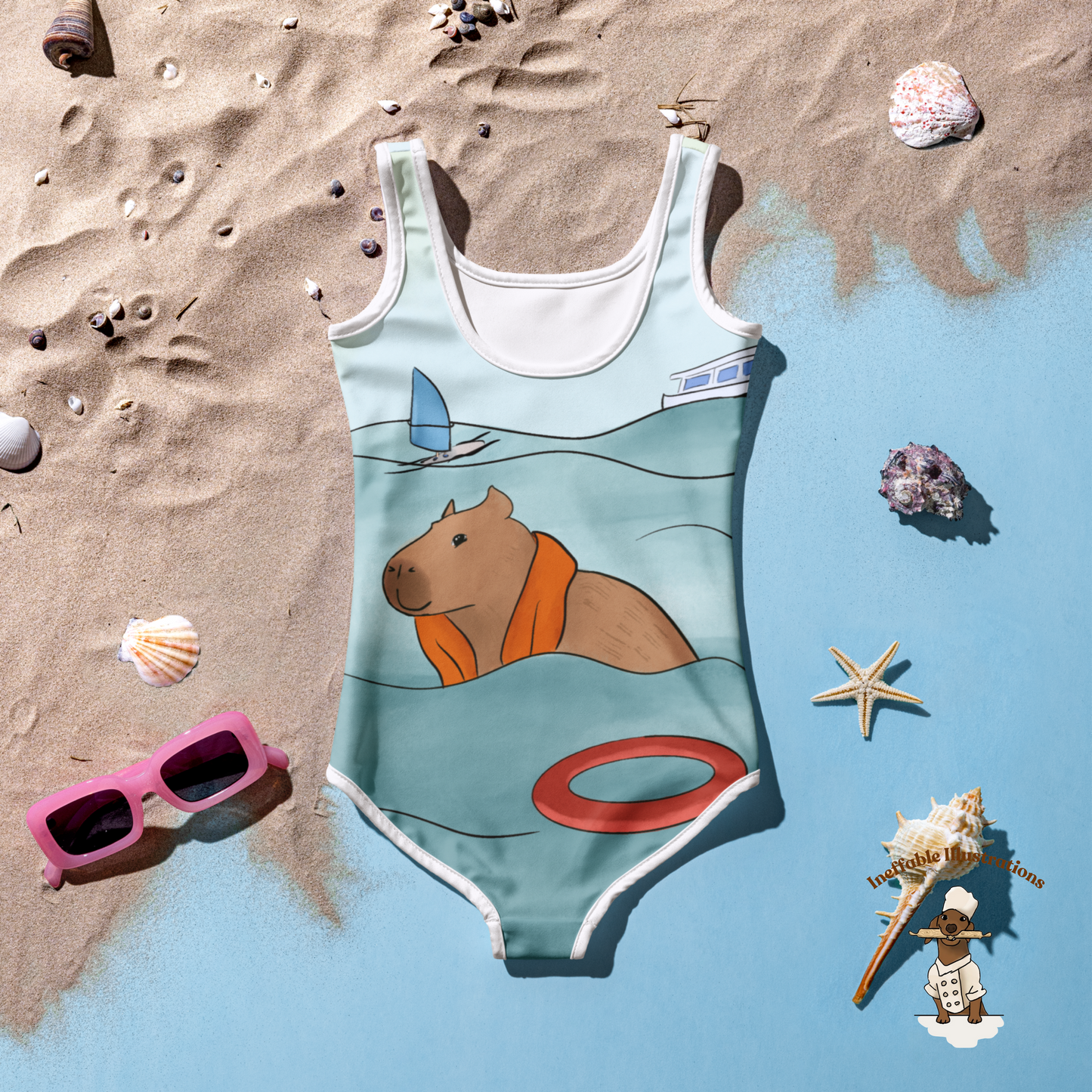 Kids Swimsuit with Cute Hand Drawn Capybara Jolly Enjoying Summer In The Sea Design, Toddler Bathing Suit, Beachwear for Girls