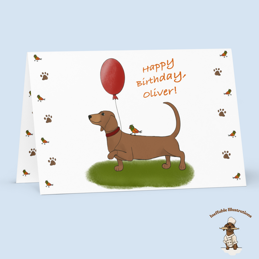 Personalized Birthday Card Dachshund Oliver with Balloon & Cute Bird, Custom Dog Greeting Card for Kids and Adults - Ineffable Illustrations