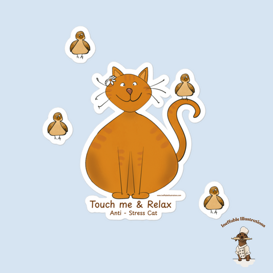 Anti-Stress Cat & Bird Sticker Set – Hand-Drawn Funny Ginger Cat with Relaxed Bird + 3 Bird Stickers | Durable Vinyl, Bubble-Free Application - Ineffable Illustrations