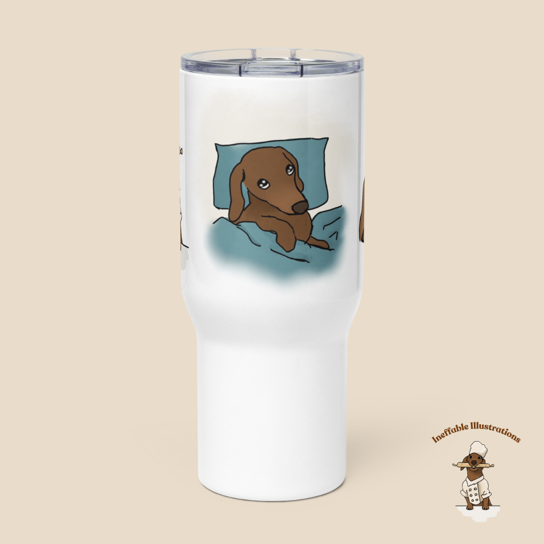 Mug "Oliver traveling with you". Dachshund Travel Mug with Handle: Cute dachshund Oliver Working on Computer, Cooking & Relaxing- Perfect Coffee Mug for any Activity!