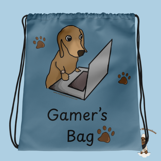 Blue Oliver Dachshund Gamer Drawstring Bag