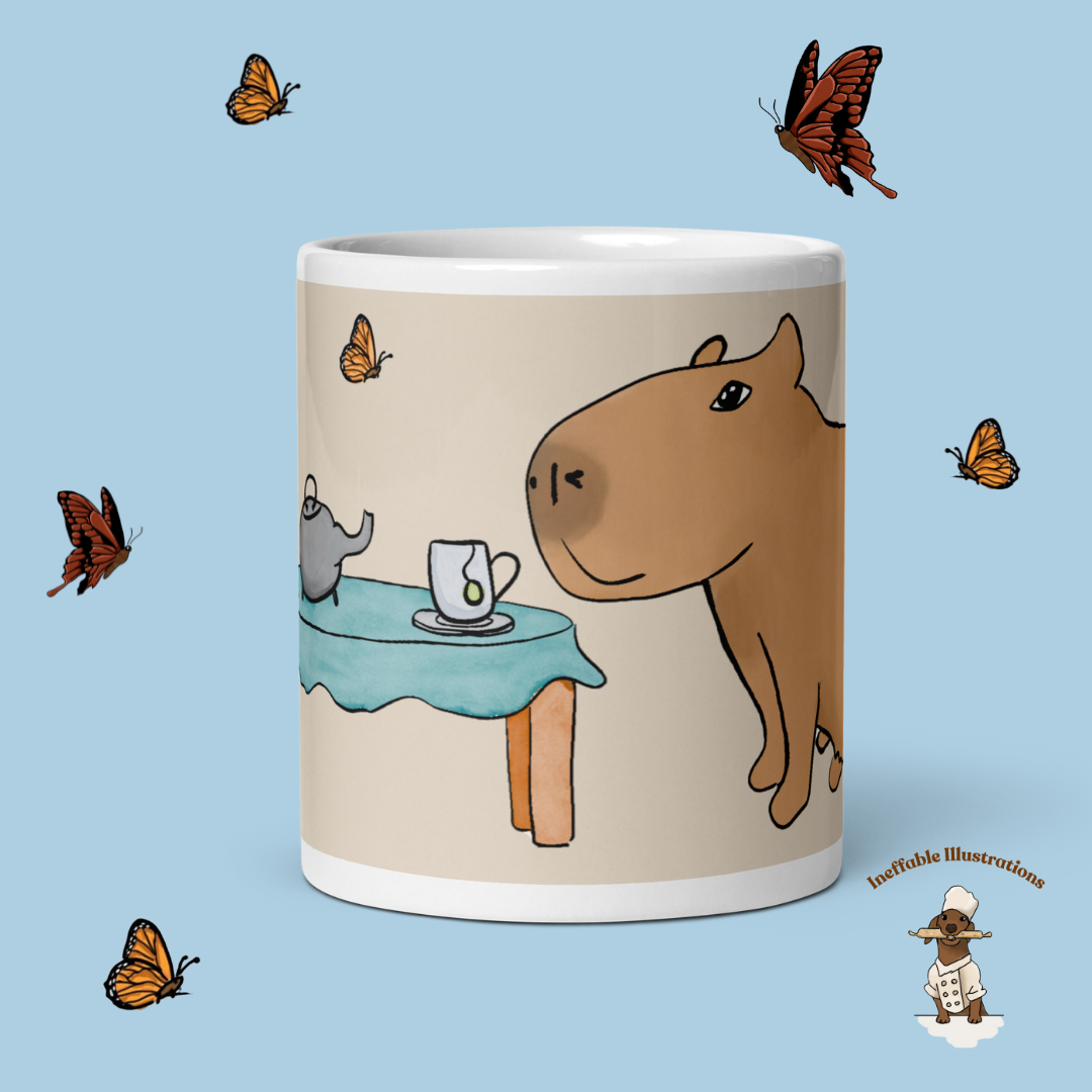 Capybara Mug - White Glossy Tea Cup with Jolly Capybara, Caterpillar & Butterflies, Cute Animal Coffee Mug, Gift for Animal Lovers