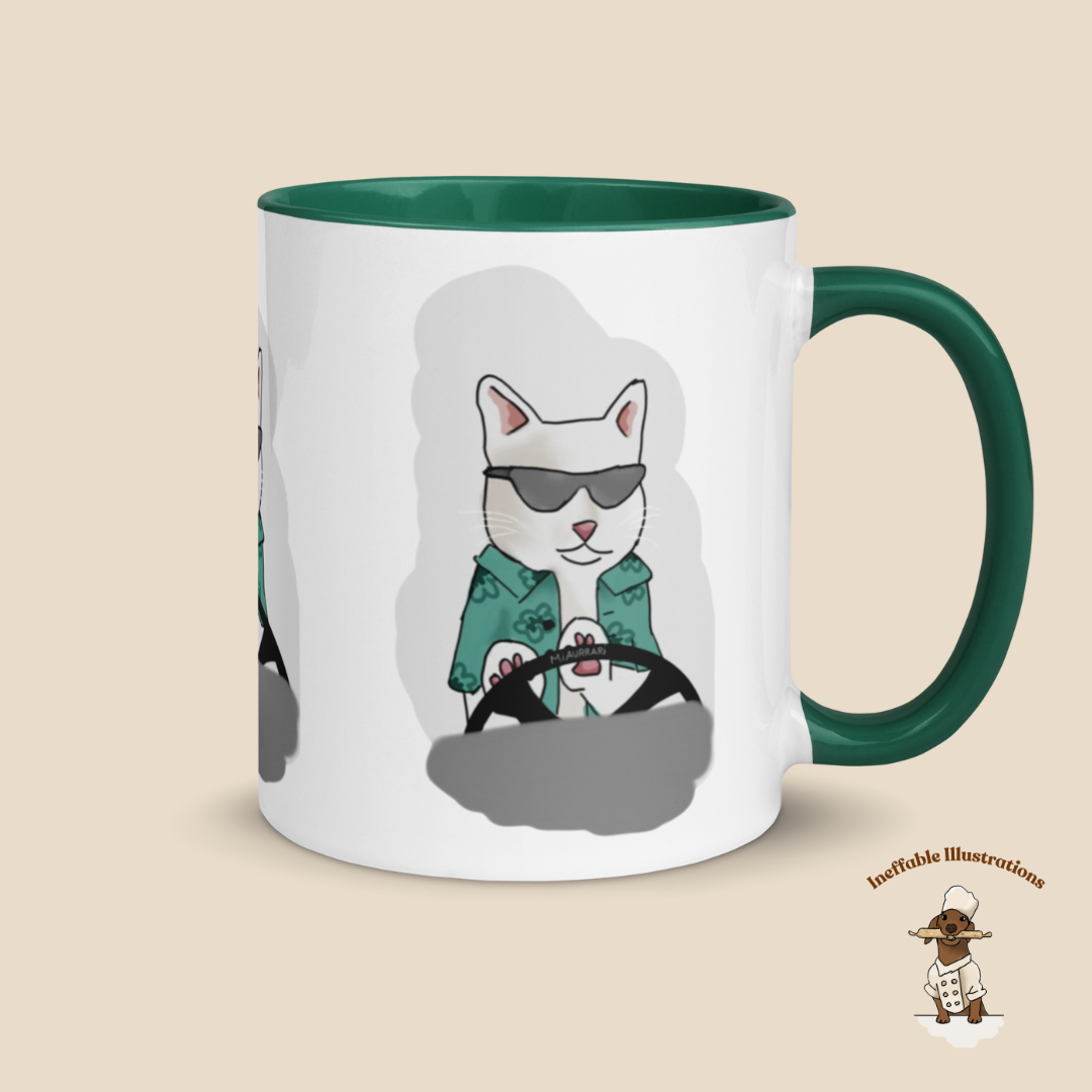 Mug "Ralph driving his luxury car Miaurrari". Cat Driving Car Mug | Funny Illustrated Coffee Cup with Color Inside | Hand-Drawn Design for Cat Lovers | Unique Gift Idea