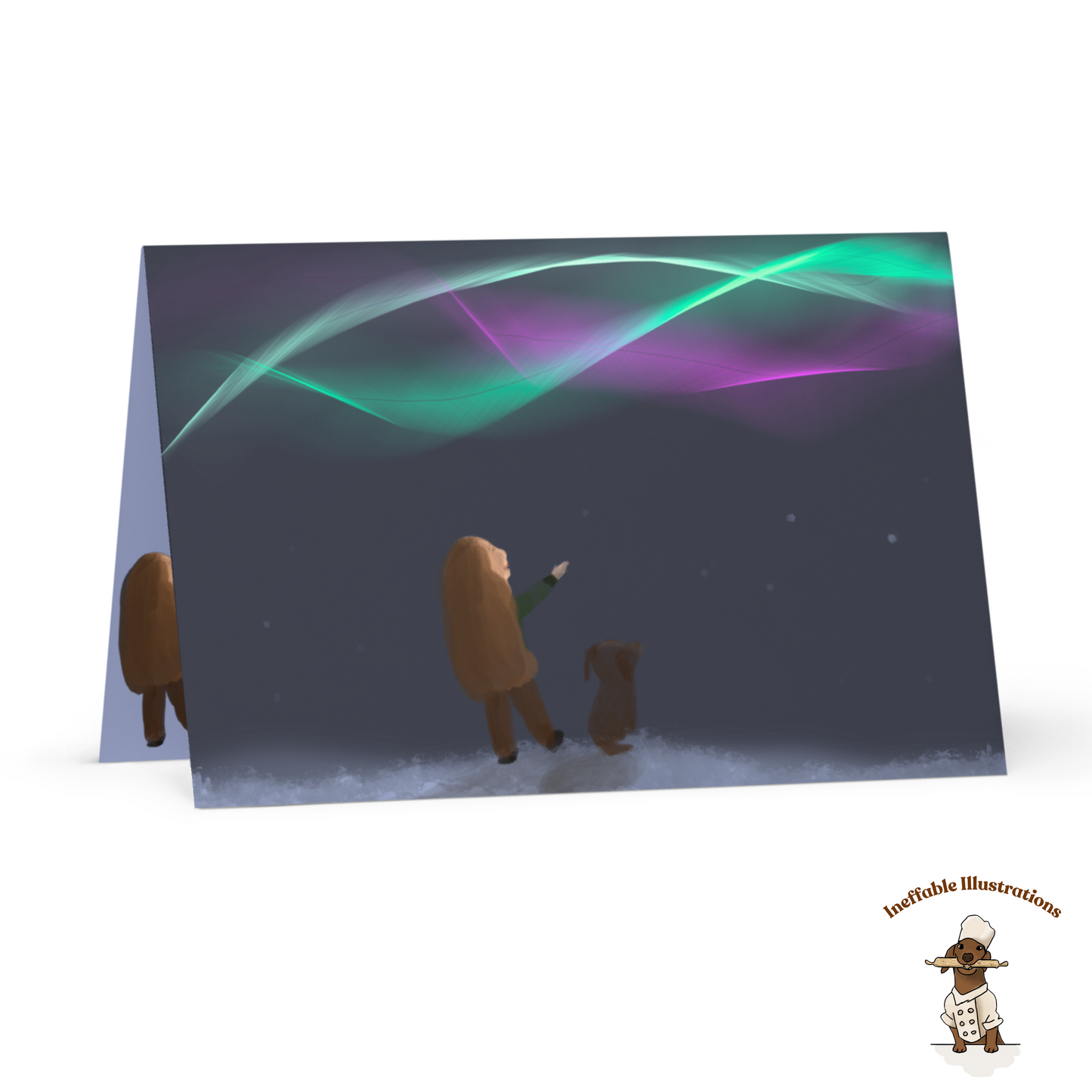 Winter Magic Greeting Card | Little Girl Molly & Dachshund Oliver Watching Northern Lights | Cozy Holiday Gift, Hand-Drawn Design