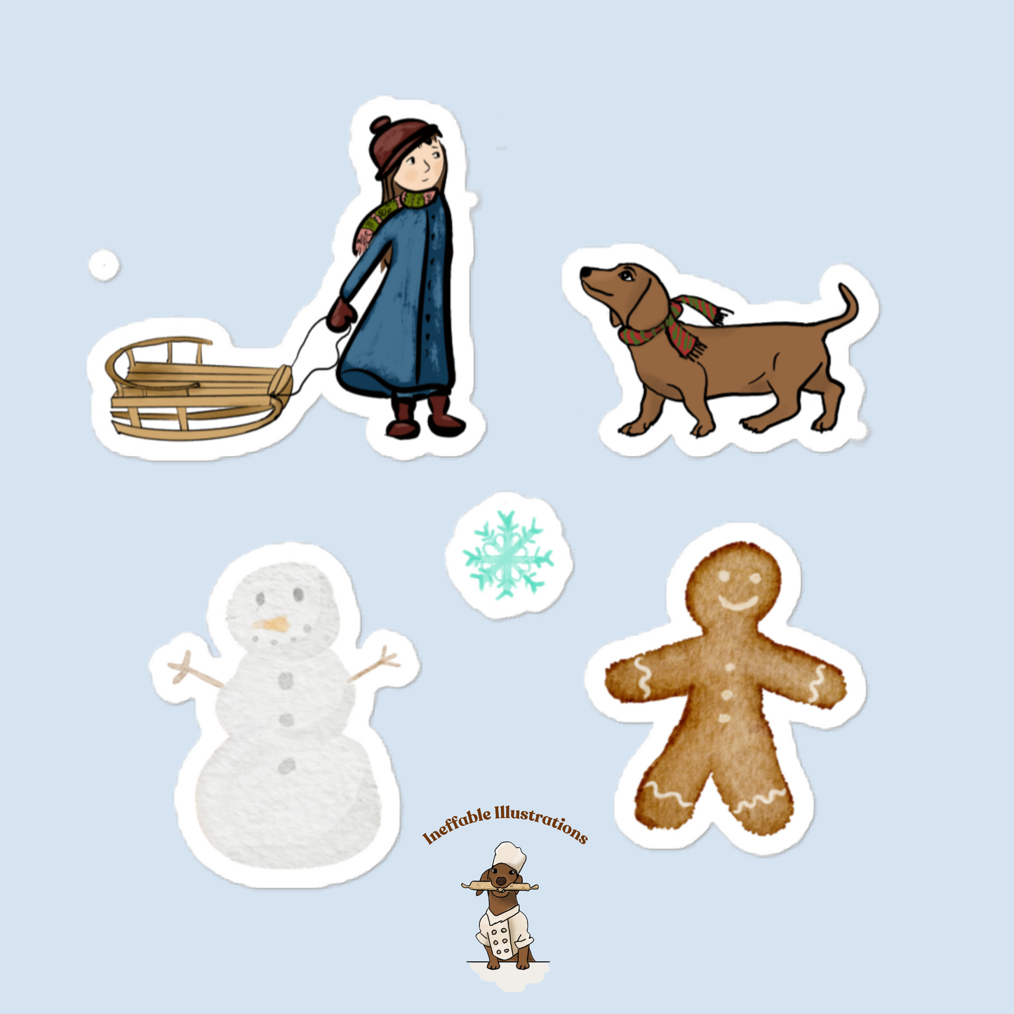 Stickers set - Winter Wonderland with Little Girl Molly, Dachshund Oliver & Snowman and Cookie - Perfect for Gift Wrapping and Scrapbooking