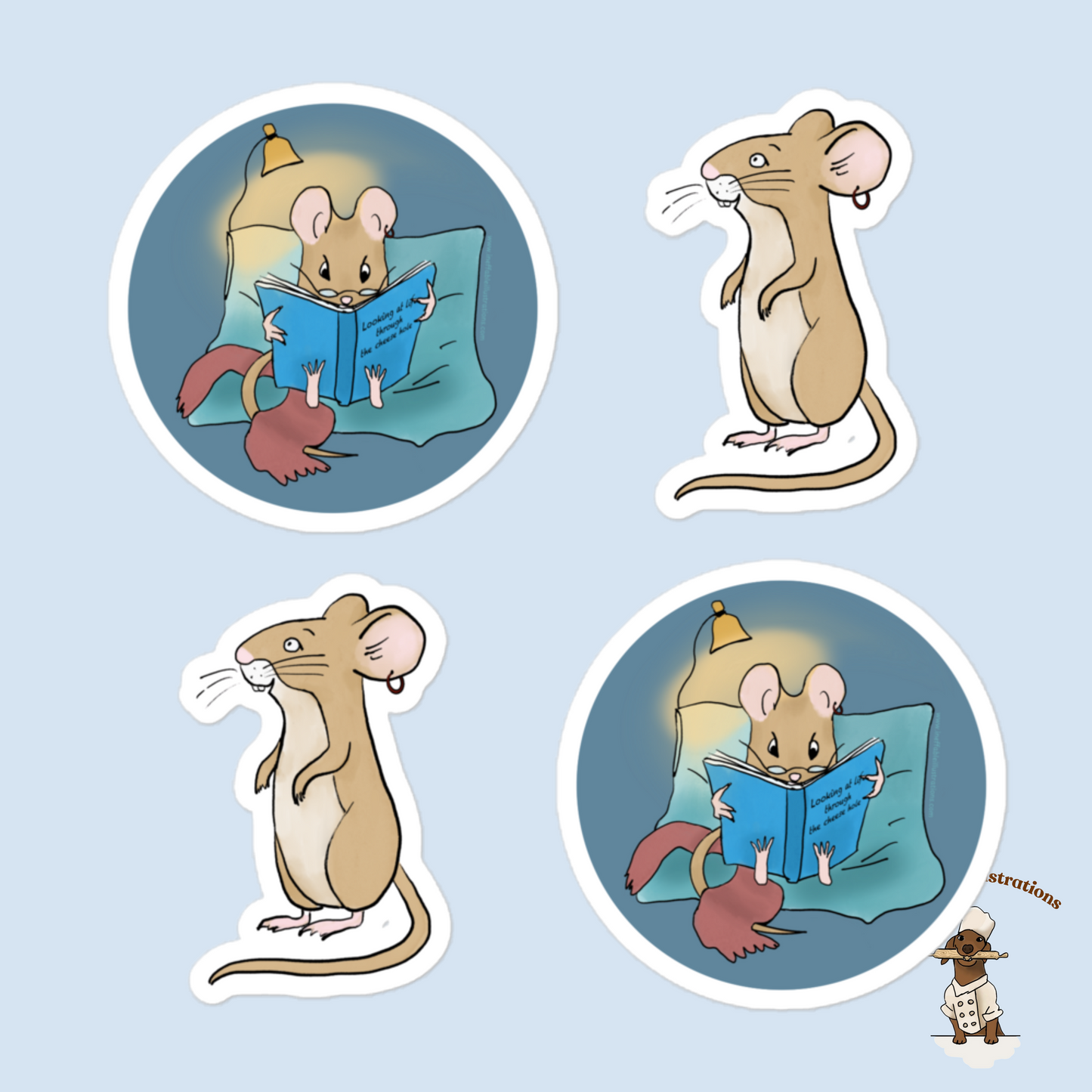 Bubble-Free Mouse Pedro Stickers Set – Cute Standing & Reading Book Designs, Decorative Decals for Laptop, Planner and Journals - Ineffable Illustrations