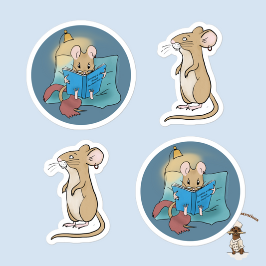 Bubble-Free Mouse Pedro Stickers Set – Cute Standing & Reading Book Designs, Decorative Decals for Laptop, Planner and Journals - Ineffable Illustrations
