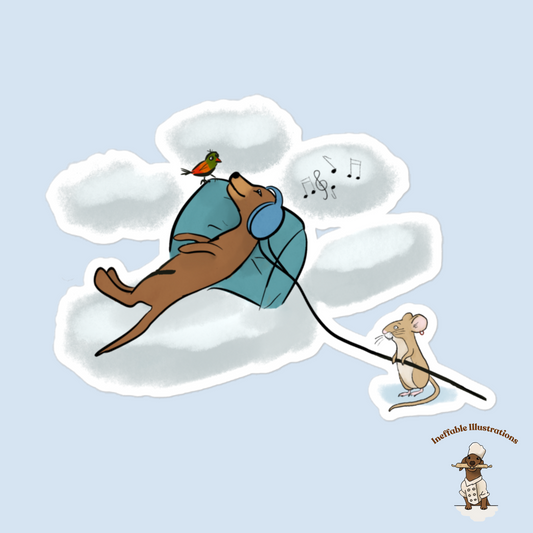 Dachshund Oliver & Mouse Pedro Bubble-Free Stickers, Cute Music and Clouds Design, Durable Vinyl Decals for Laptops and Water Bottles - Ineffable Illustrations
