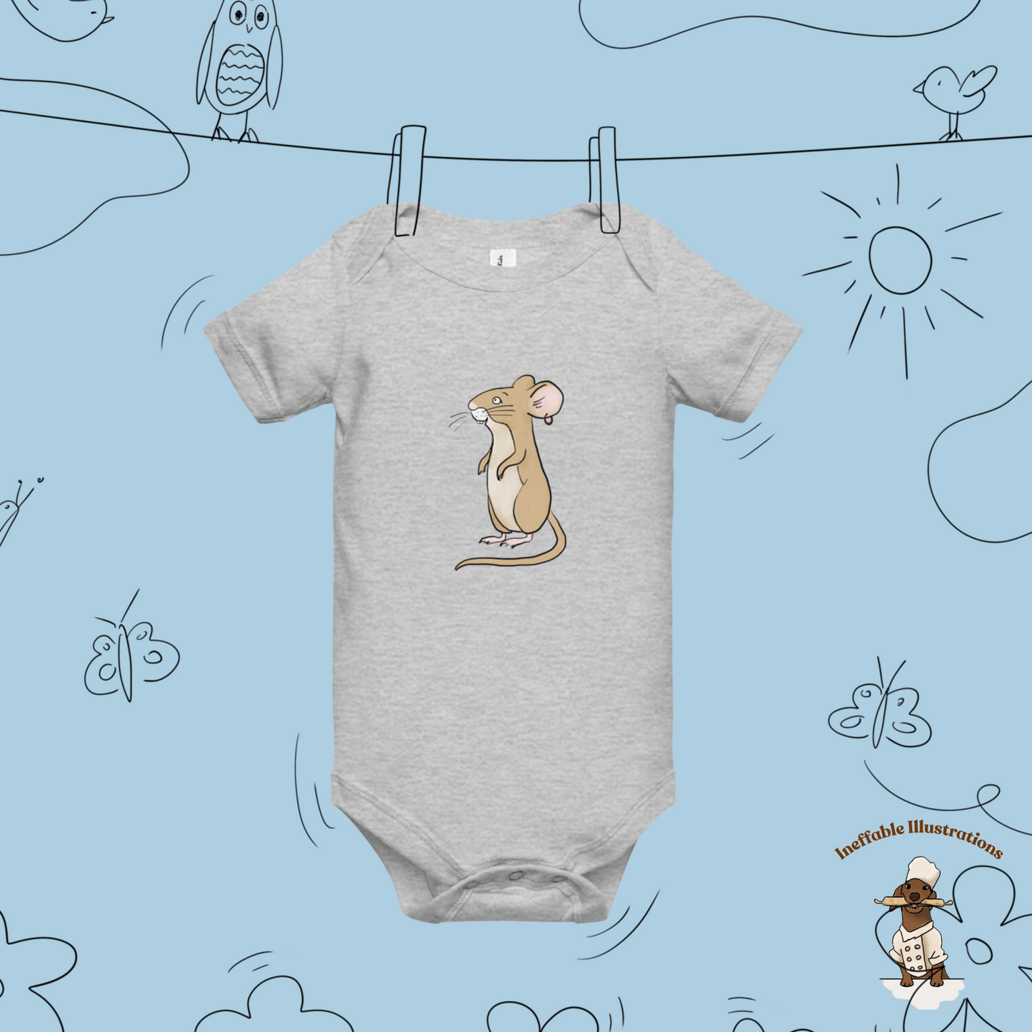 Baby Short Sleeve One Piece with Cute Mouse Pedro | Adorable Infant Bodysuit | Baby Shower Gift & Newborn Outfit