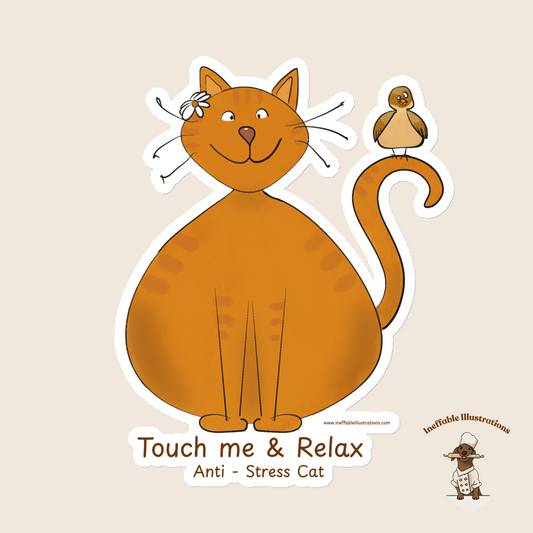 Funny Ginger Cat Magnet – Hand-Drawn Anti-Stress Cat with Relaxed Bird | Premium Matte Finish Magnetic Decor, Strong Hold for Photos & Notes - Ineffable Illustrations