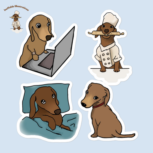 Stickers. Dachshund Stickers Set of 4 - Oliver Cooking, Resting, Working on Computer & Waiting for Owner - Bubble-Free Decals