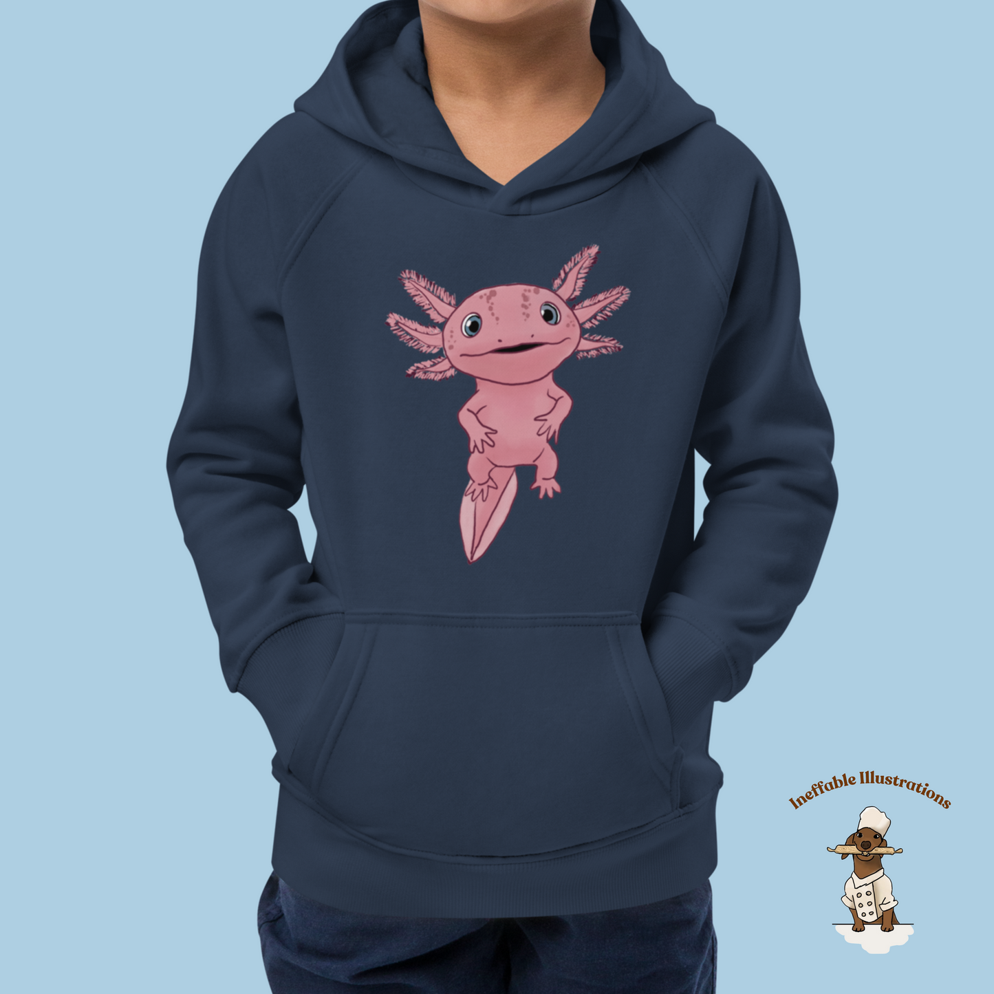 Kids Eco Hoodie with Cute Axolotl Albert - Organic Cotton, Eco-Friendly, Adorable Design for Boys & Girls, Sustainable Fashion