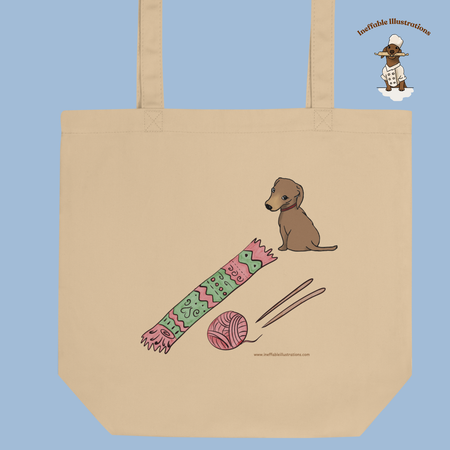 Eco Tote Bag with Cute Dachshund Oliver, Yarn, Knitting Needles and Knitted Scarf, Perfect for Dog Lovers & Crafters, Reusable Shopping Tote