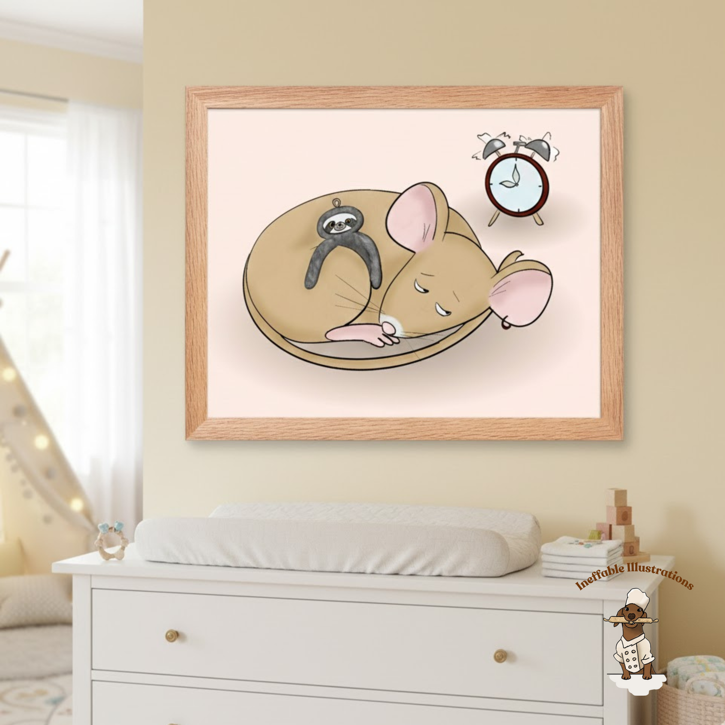 Sleepy Pedro Mouse with Sloth Toy - Nursery & Kids Room Framed Poster