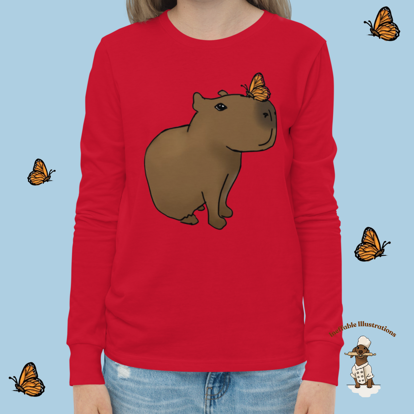 Kid Shirt. Cute Youth Long Sleeve Capybara Jolly Shirt, Handcrafted Design by Teen, Soft Airlume Cotton