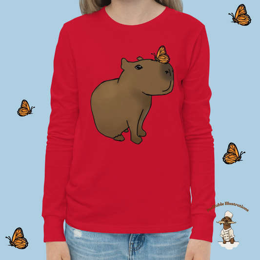 Kid Shirt. Cute Youth Long Sleeve Capybara Jolly Shirt, Handcrafted Design by Teen, Soft Airlume Cotton