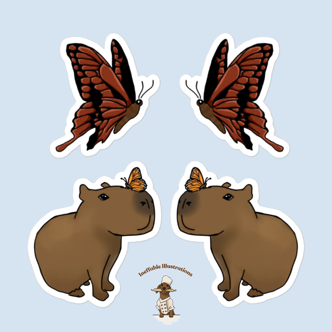 Sticker set "Jolly and her butterflies". Cute Capybara with Butterfly 4 Vinyl Sticker Pack | Easy Application & Long-Lasting