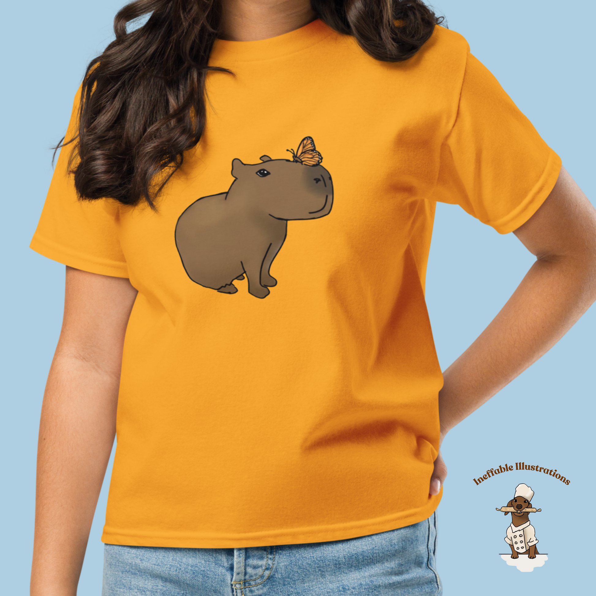 Youth Classic Tee with Hand Drawn Cute Capybara Jolly with Butterfly Shirt Kids Animal Graphic Top - Ineffable Illustrations