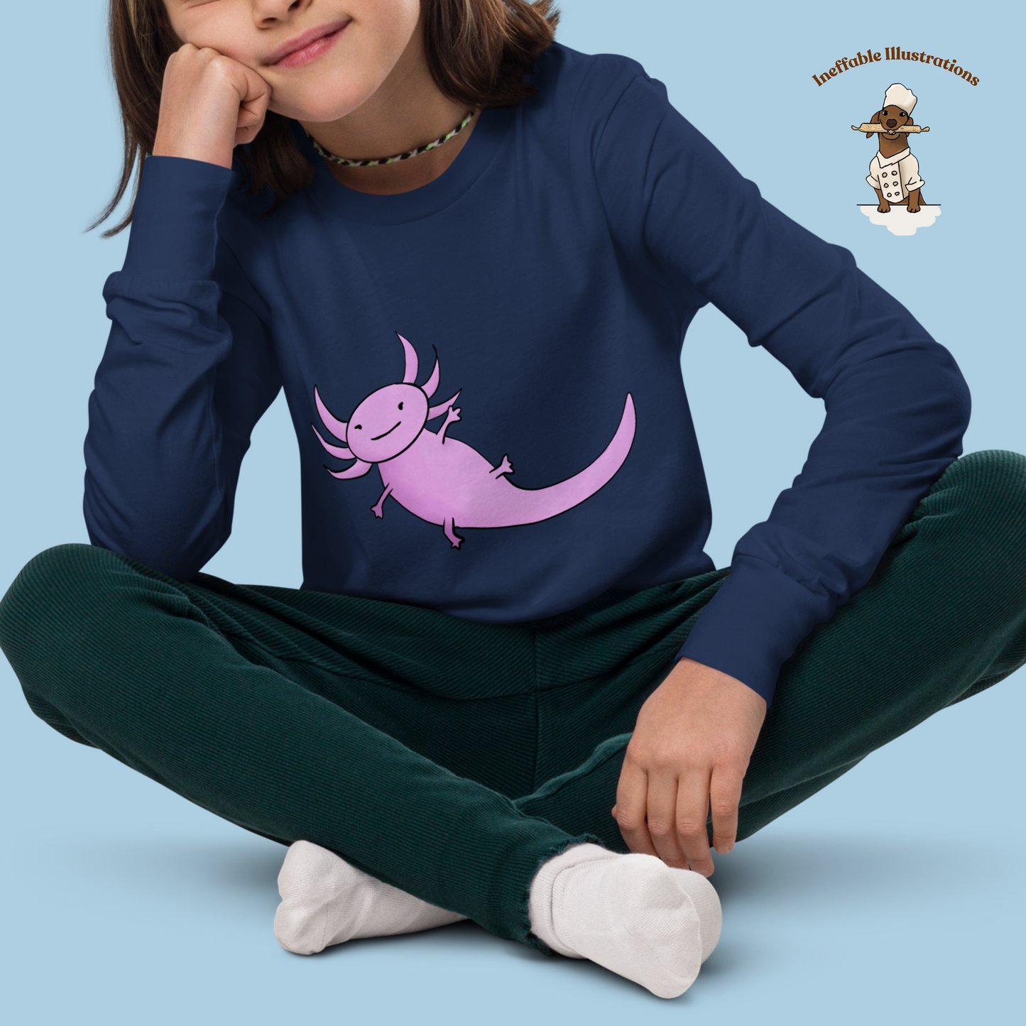 Axolotl Long Sleeve Tee | Hand Drawn Illustration | Cute Youth T-Shirt | Perfect Gift for Kids & Teens