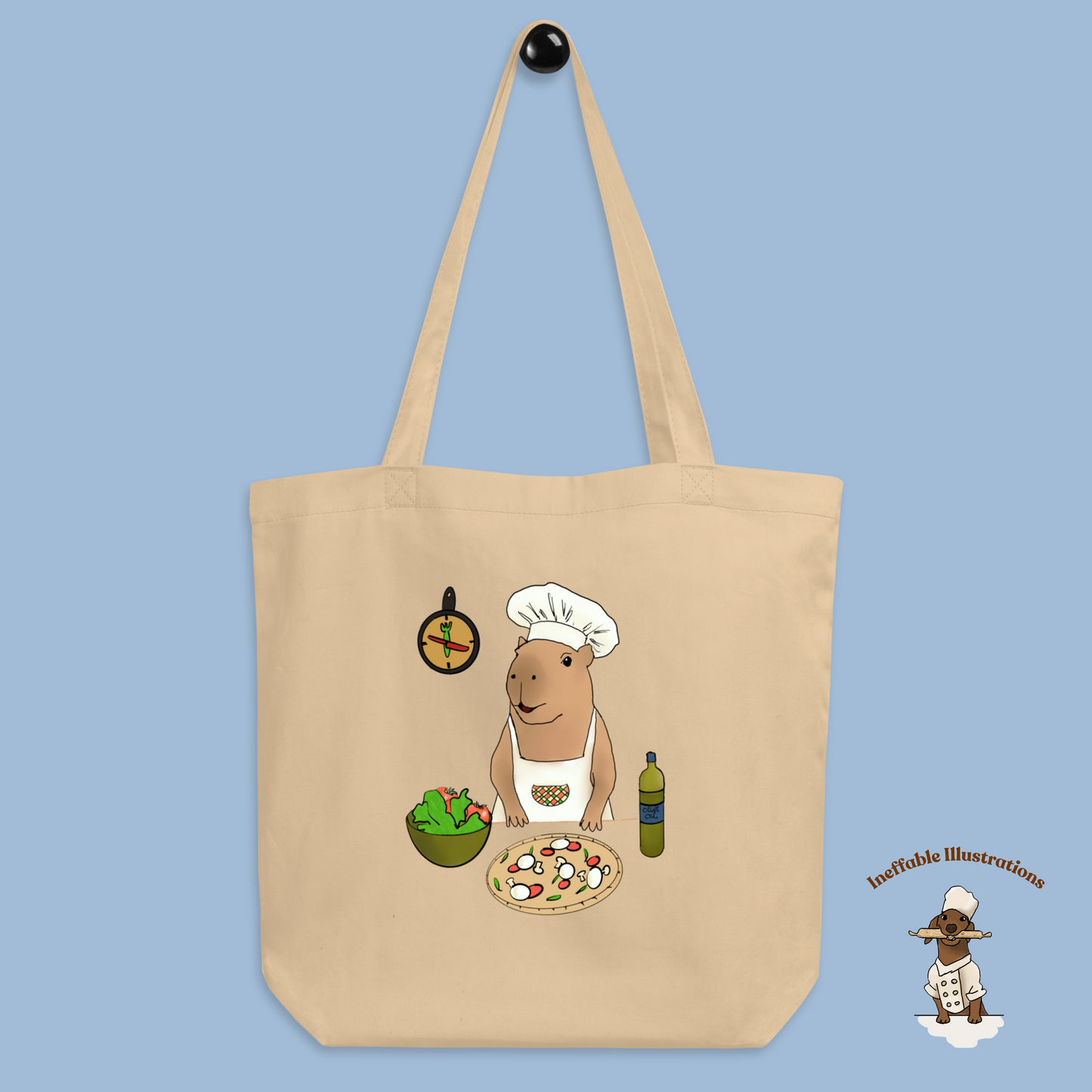 Eco Tote Bag with Cute Hand Drawn Capybara Jolly Chef Making Pizza & Salad, Reusable Shopping Bag, Eco-Friendly Gift Idea