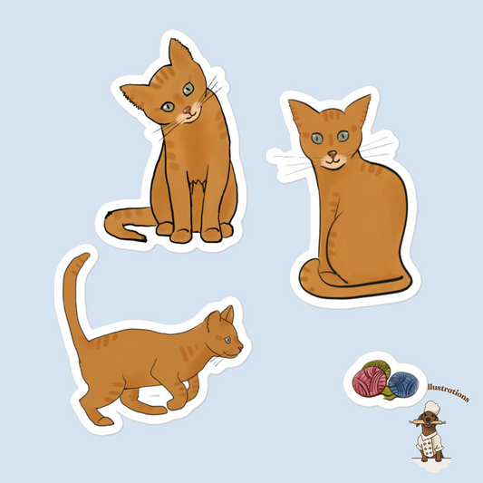 Bubble-Free Cat Stickers of Hand Drawn Ginger Kitten Sitting & Playing Cute Vinyl Decals for Laptop, Planner and Scrapbook